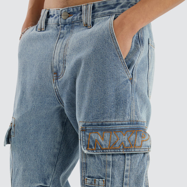 model wears Colby Denim Cargo Pant Herring Blue Pants Blue - image 3