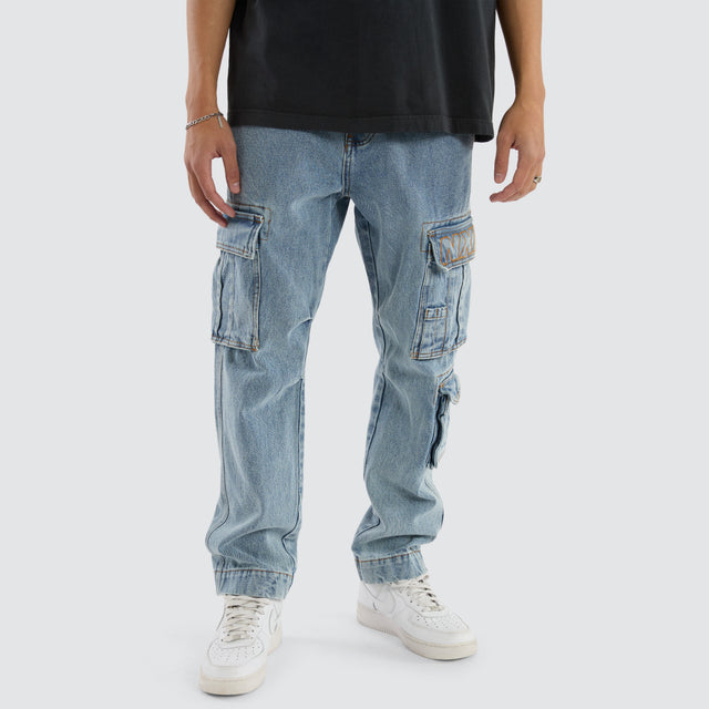 model wears Colby Denim Cargo Pant Herring Blue Pants Blue - image 1