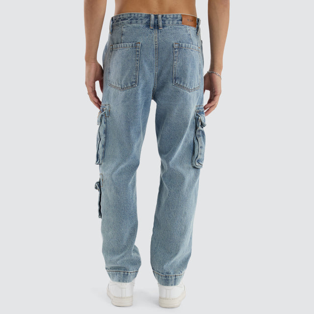model wears Colby Denim Cargo Pant Herring Blue Pants Blue - image 5