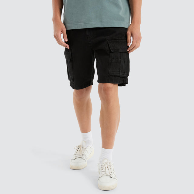 model wears Colby Denim Cargo Short Washed Black Shorts Black - image 1