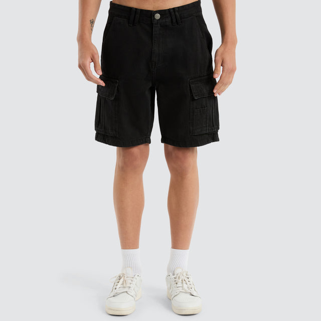 model wears Colby Denim Cargo Short Washed Black Shorts Black - image 2