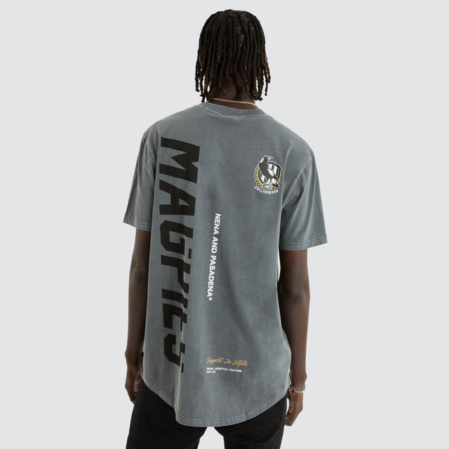 model wears Collingwood Magpies AFL Dual Curved Tee Pigment Charcoal T-Shirts Grey - image 1
