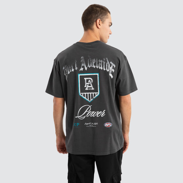model wears Port Adelaide Power AFL Vintage Goth Tee Pigment Asphalt T-Shirts Grey - image 1
