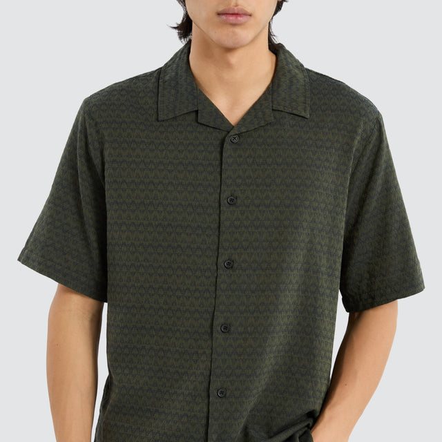 model wears Airborne Bowling Shirt Grape Leaf Short Sleeve Shirts Green - image 2