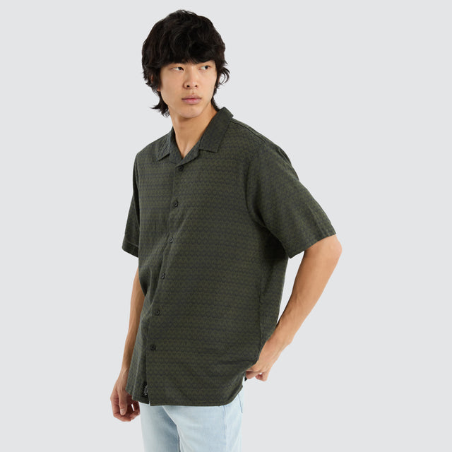 model wears Airborne Bowling Shirt Grape Leaf Short Sleeve Shirts Green - image 1