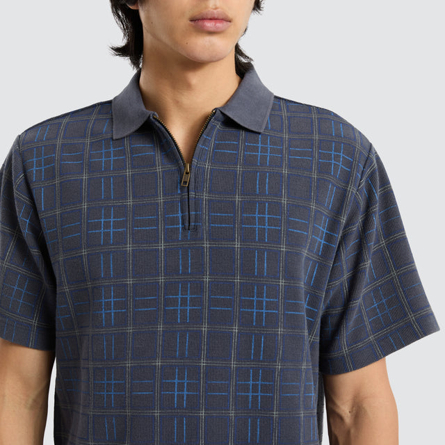 model wears Warped State Quarter Zip Polo Dark Slate Short Sleeve Shirts Grey - image 2