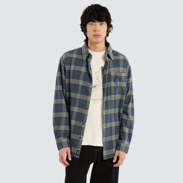 model wears Heavy Times Flannel Shirt Light Petrol Long Sleeve Shirts Green - image 1
