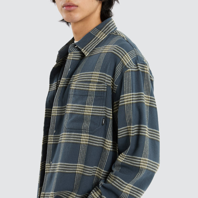 model wears Heavy Times Flannel Shirt Light Petrol Long Sleeve Shirts Green - image 2