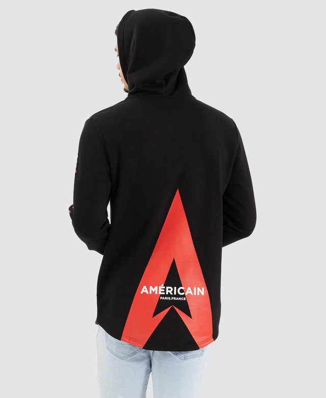 model wears Buriti Heavy Dual Curved Hooded Jumper Jet Black Hoodies Black - image 2
