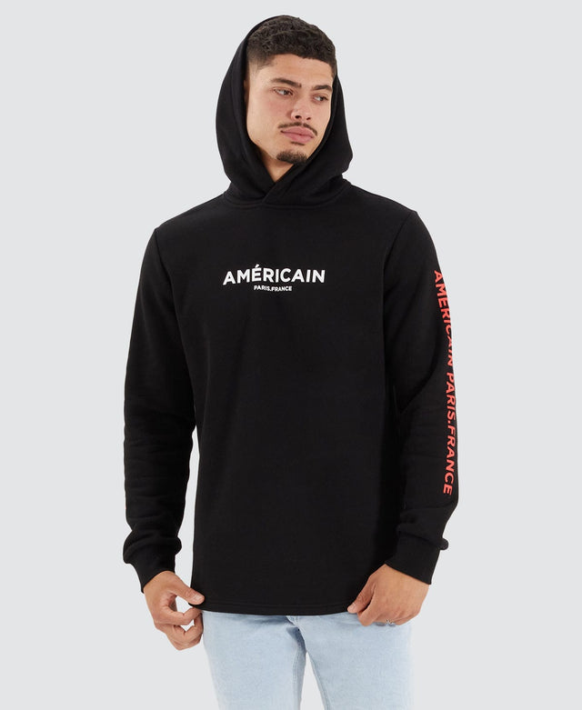 model wears Buriti Heavy Dual Curved Hooded Jumper Jet Black Hoodies Black - image 1