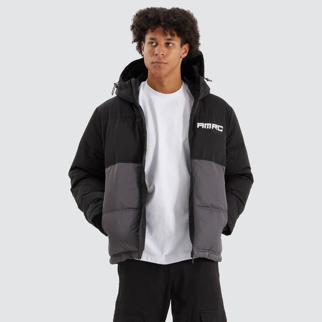 model wears Harlem Hooded Puffer Jacket Black/Asphalt Jackets Black - image 1