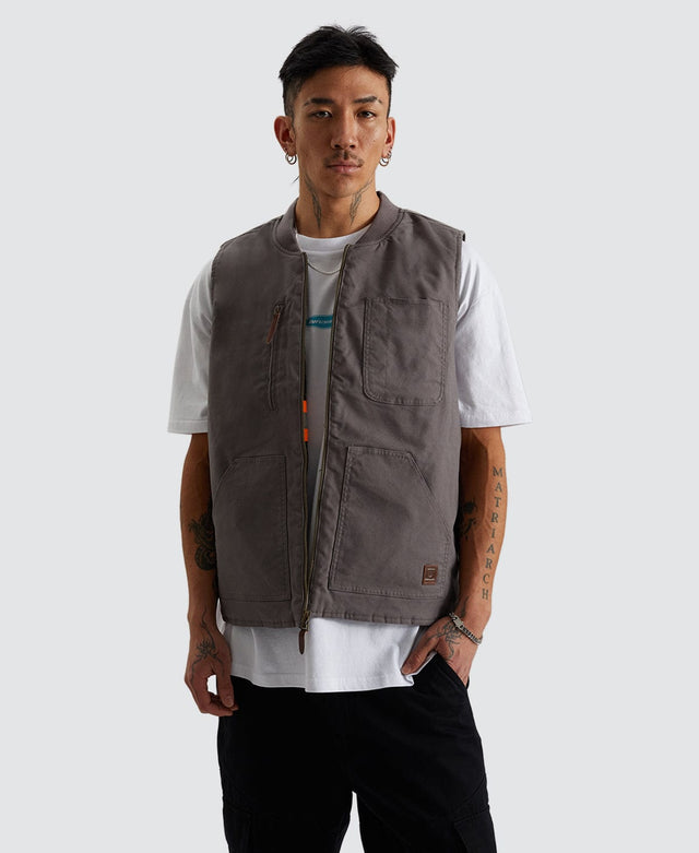 model wears Builders Abraham Reversible Vest Charcoal/ Black Grey Outerwear Grey - image 3