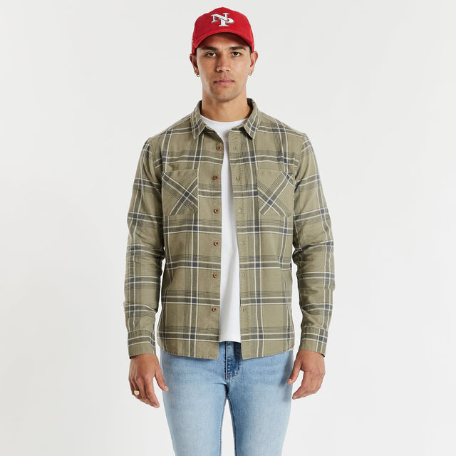 model wears Charge Casual Longsleeve Shirt Asphalt/Sand Check Long Sleeve Shirts Grey - image 1