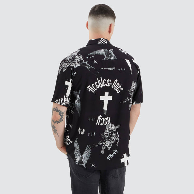 model wears Blackford Relaxed Shirt Cross Angel Print Short Sleeve Shirts Black - image 1
