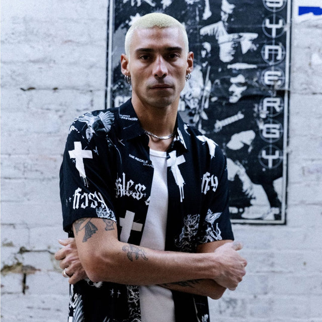 model wears Blackford Relaxed Shirt Cross Angel Print Short Sleeve Shirts Black - image 2