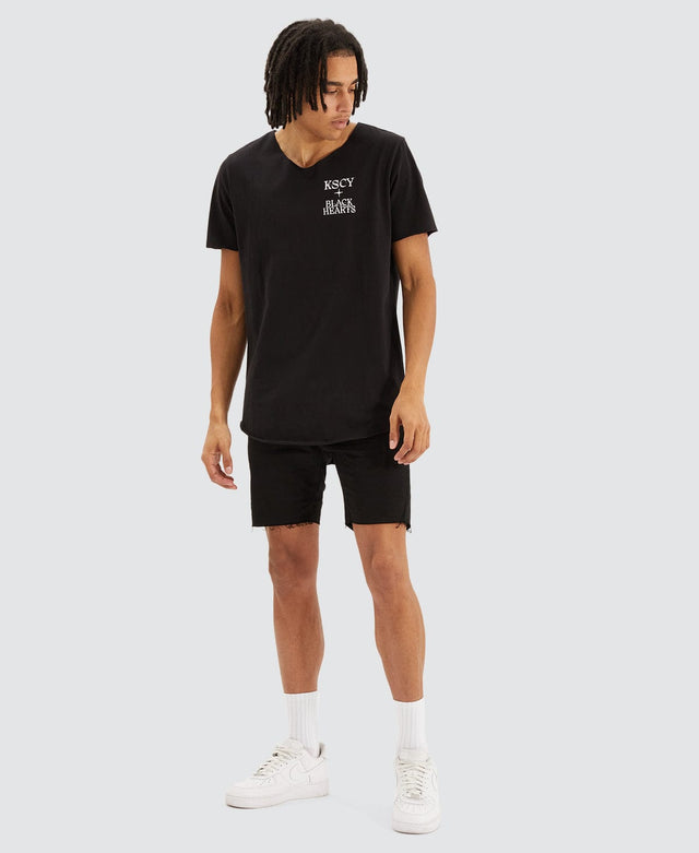 Kiss Chacey Blackheart Dual Curved Raw V-Neck T-Shirt Jet Black