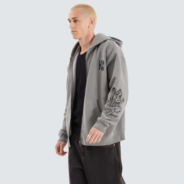 model wears Celestial Heavy Relaxed Hooded Zip Jumper Pigment Frost Grey Hoodies Grey - image 6