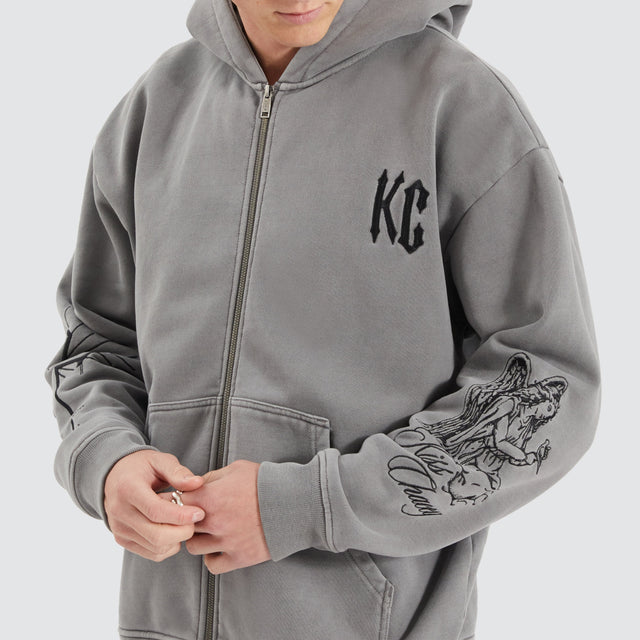 model wears Celestial Heavy Relaxed Hooded Zip Jumper Pigment Frost Grey Hoodies Grey - image 3