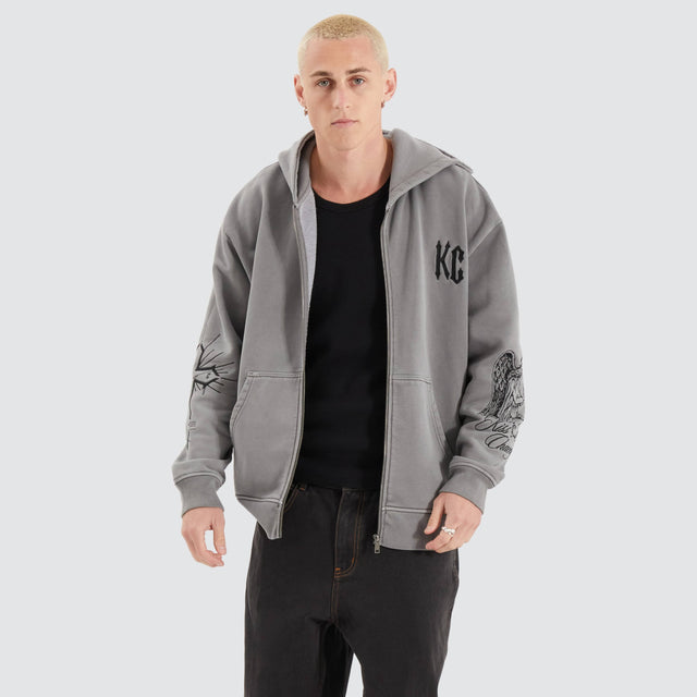 model wears Celestial Heavy Relaxed Hooded Zip Jumper Pigment Frost Grey Hoodies Grey - image 10