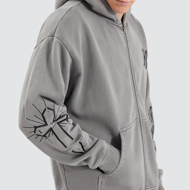 model wears Celestial Heavy Relaxed Hooded Zip Jumper Pigment Frost Grey Hoodies Grey - image 9