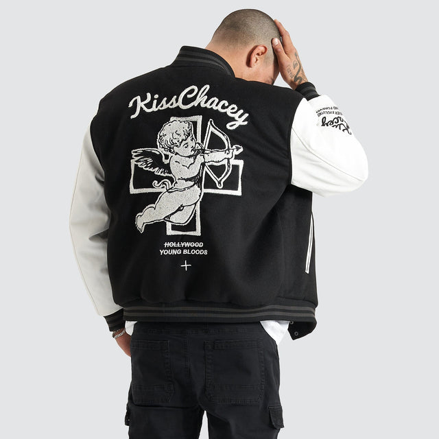 model wears Code Vein Varsity Jacket Jet Black Jackets Black - image 1