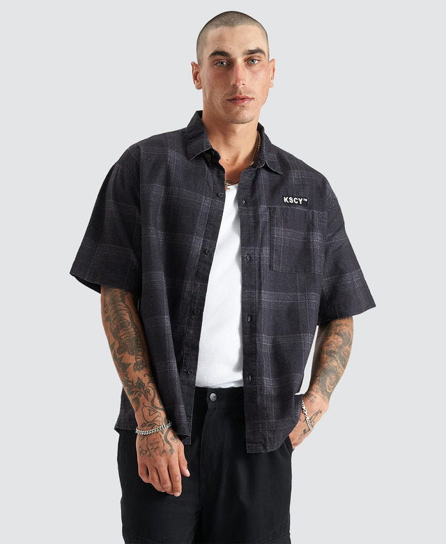 model wears Elysian Oversized SS Resort Shirt Black/Charcoal Short Sleeve Shirts Black - image 2