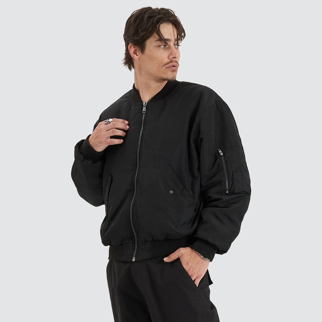 model wears Gridlock Bomber Jacket Jet Black Jackets Black - image 7