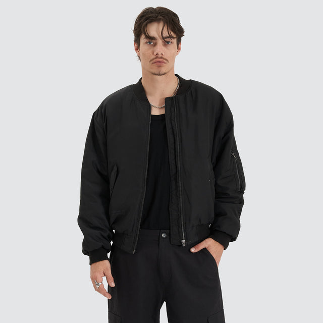 model wears Gridlock Bomber Jacket Jet Black Jackets Black - image 3