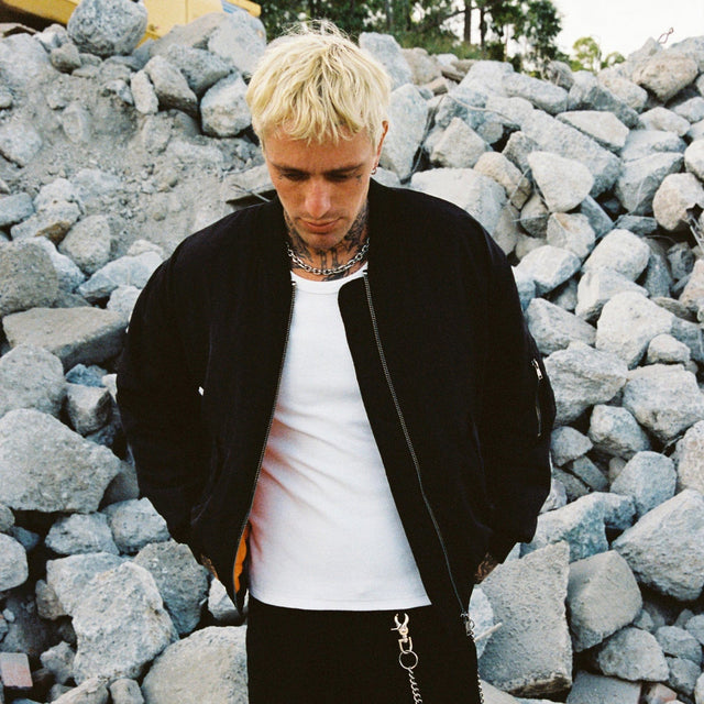 model wears Gridlock Bomber Jacket Jet Black Jackets Black - image 2