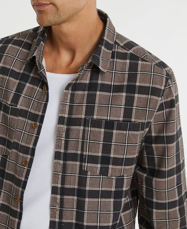 model wears Harlem Standard Long Sleeve Shirt Iron Check Long Sleeve Shirts Grey - image 2