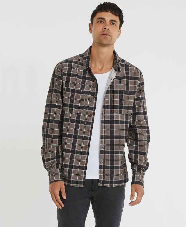 model wears Harlem Standard Long Sleeve Shirt Iron Check Long Sleeve Shirts Grey - image 1