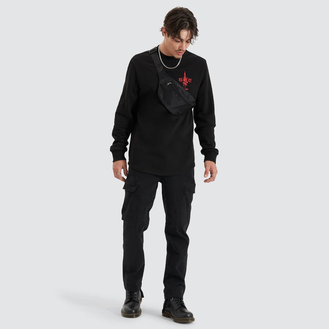 model wears Inferno Heavy Dual Curved Sweater Jet Black Jumpers Black - image 6