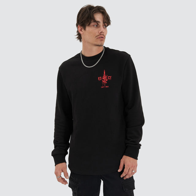 model wears Inferno Heavy Dual Curved Sweater Jet Black Jumpers Black - image 2