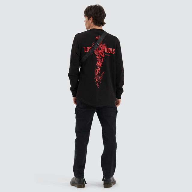 model wears Inferno Heavy Dual Curved Sweater Jet Black Jumpers Black - image 3