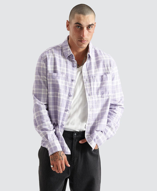 model wears La Brea Casual Long Sleeve Shirt Heirloom Lilac Check Long Sleeve Shirts Purple - image 1