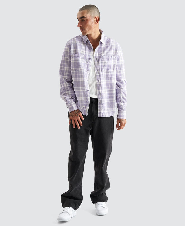 model wears La Brea Casual Long Sleeve Shirt Heirloom Lilac Check Long Sleeve Shirts Purple - image 2