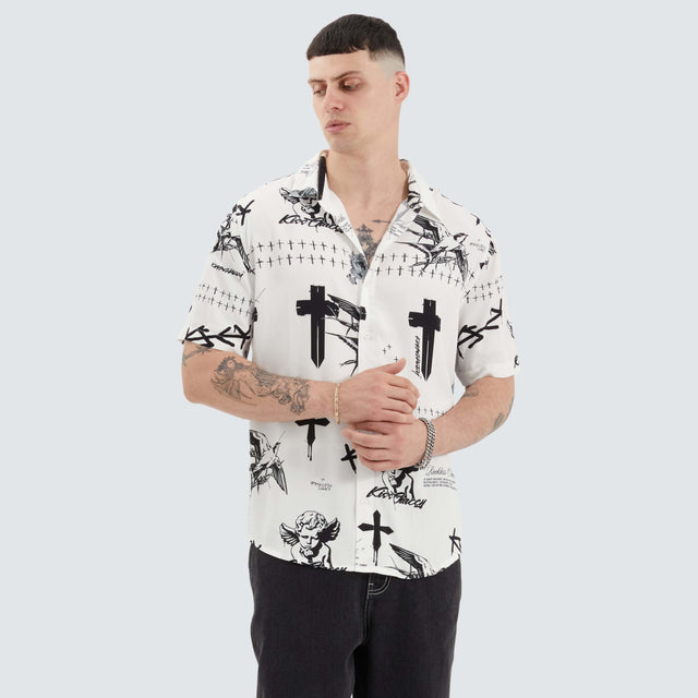 model wears Nellville Relaxed Shirt Flying Angel Print Short Sleeve Shirts White - image 1