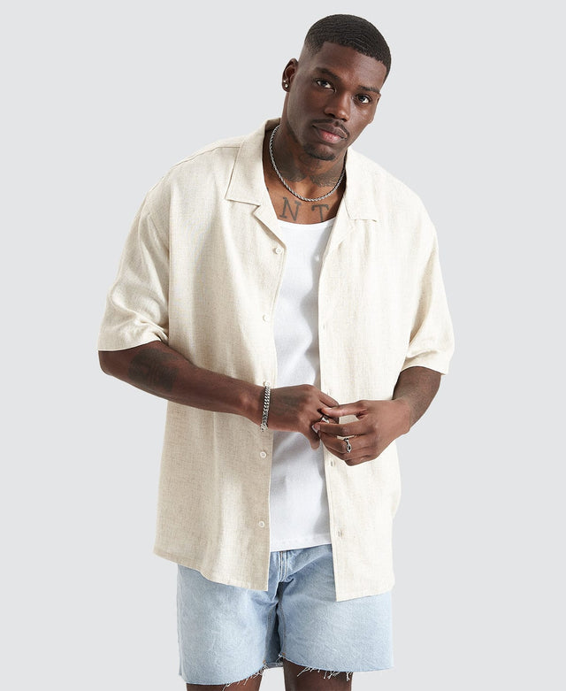 model wears Positano Oversized Resort Shirt Pigment Oatmeal Short Sleeve Shirts Cream - image 1
