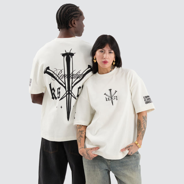 model wears Revolation Loopback Street Tee Natural White T-Shirts White - image 1