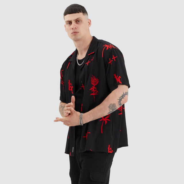 model wears Salton Resort Shirt Lost in Fire Print Short Sleeve Shirts Black - image 1