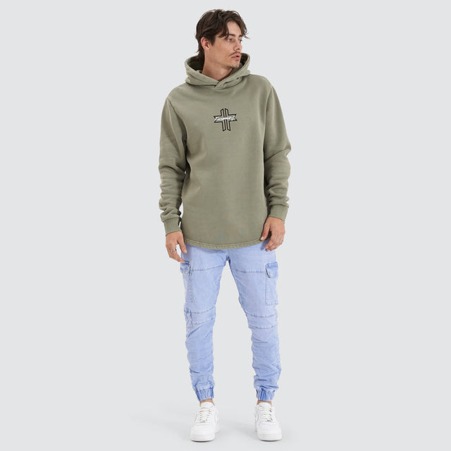 model wears Shadow Dual Curved Hoodie Pigment Shadow Hoodies Green - image 3