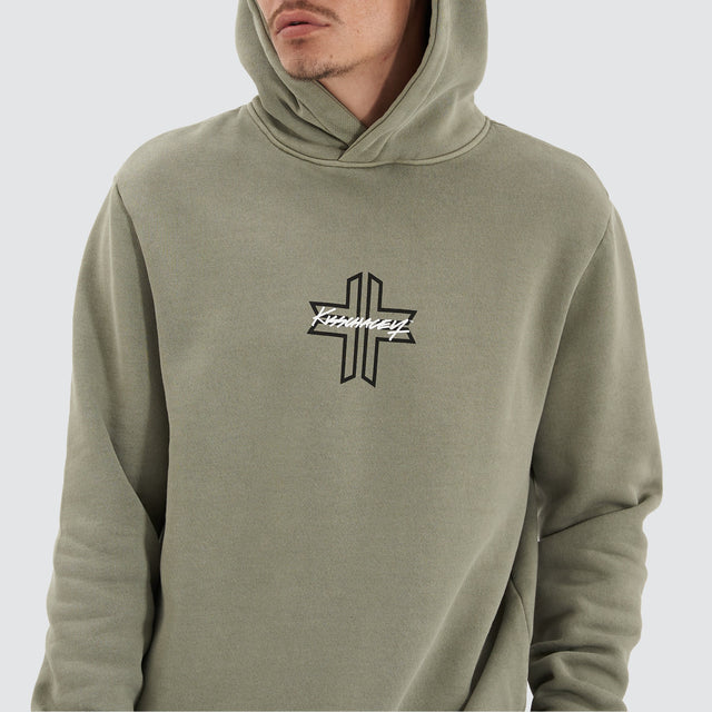 model wears Shadow Dual Curved Hoodie Pigment Shadow Hoodies Green - image 5