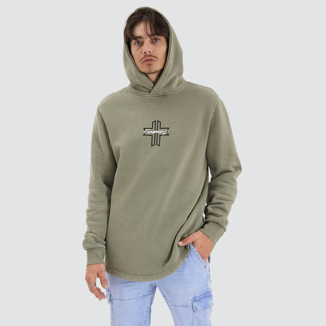 model wears Shadow Dual Curved Hoodie Pigment Shadow Hoodies Green - image 2
