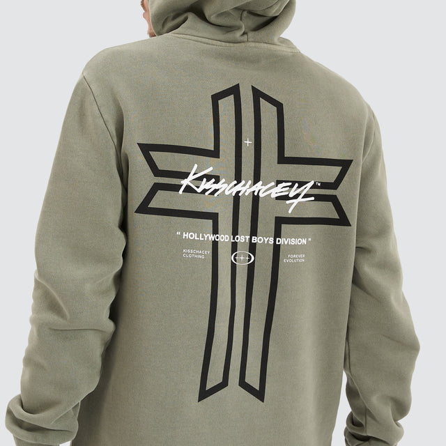 model wears Shadow Dual Curved Hoodie Pigment Shadow Hoodies Green - image 7