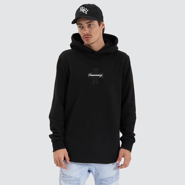 model wears Zenth Heavy Dual Curved Hoodie Jet Black Hoodies Black - image 2