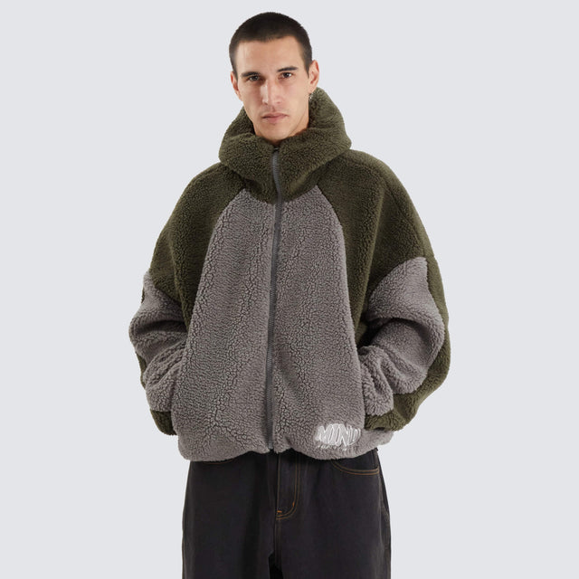model wears Ninja Zip Through Sherpa Fleece Khaki/Alloy Hoodies Grey - image 1