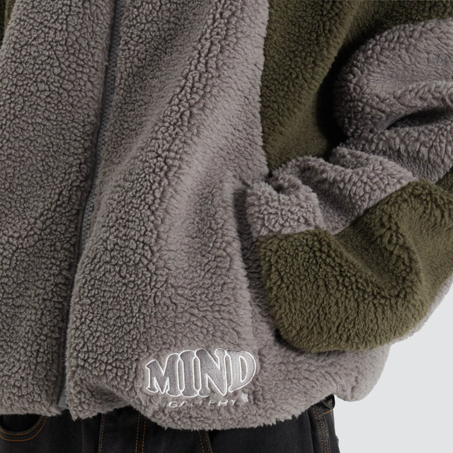 model wears Ninja Zip Through Sherpa Fleece Khaki/Alloy Hoodies Grey - image 3