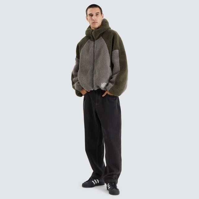 model wears Ninja Zip Through Sherpa Fleece Khaki/Alloy Hoodies Grey - image 5