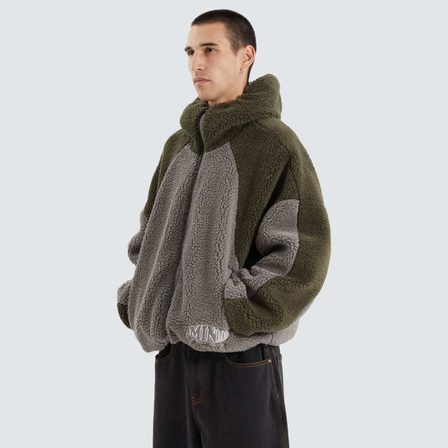 model wears Ninja Zip Through Sherpa Fleece Khaki/Alloy Hoodies Grey - image 2