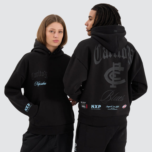 model wears Carlton Blues AFL Box Fit Hoodie Jet Black Hoodies Black - image 2